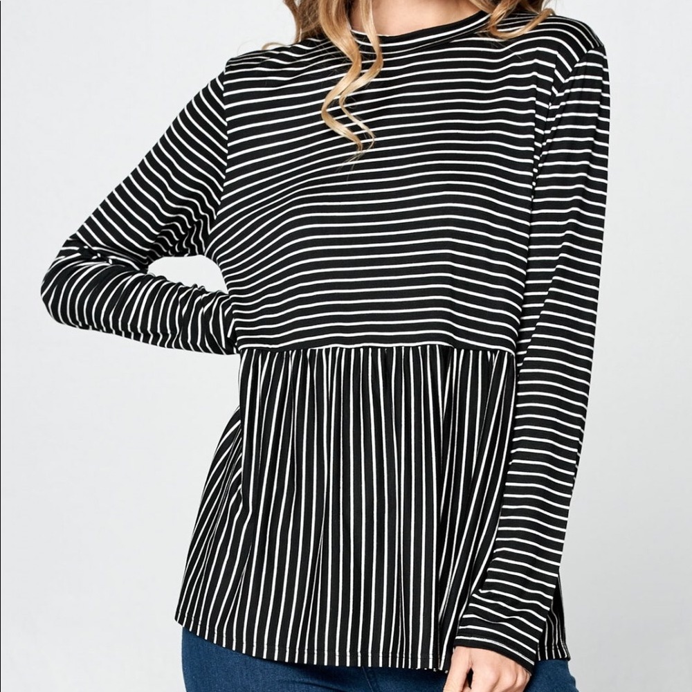Striped Baby Doll Top Black White Womens Large
